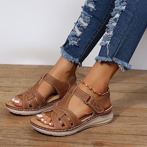 

Women's Sandals Wedge Sandals Comfort Shoes Plus Size Outdoor Daily Beach Summer Flat Heel Open Toe Vintage Classic Casual Walking Shoes Faux Leather Magic Tape Solid Color Solid Colored Black Brown