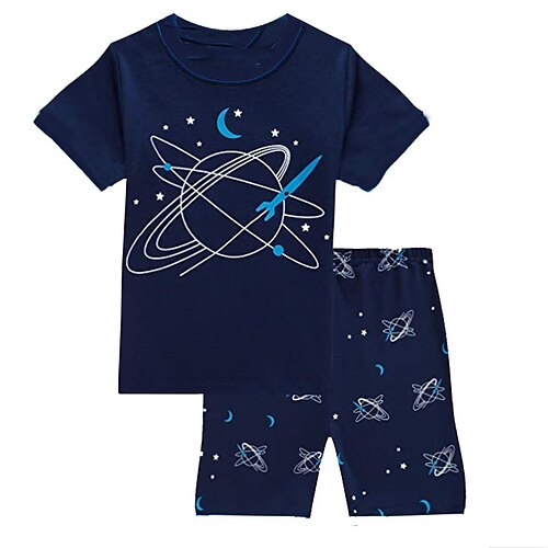 

2 Pieces Kids Boys T-shirt & Shorts Clothing Set Outfit Galaxy Short Sleeve Crewneck Set Outdoor Sports Fashion Cool Spring Summer 3-13 Years Navy Blue