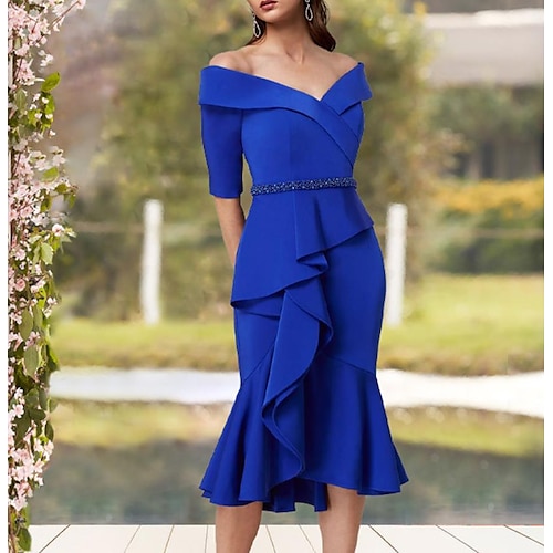 

Mermaid / Trumpet Mother of the Bride Dress Elegant V Neck Off Shoulder Tea Length Stretch Fabric Short Sleeve with Sash / Ribbon Cascading Ruffles 2022