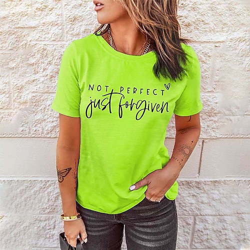 

Women's T shirt Tee Green Blue Pink Heart Text Print Short Sleeve Casual Weekend Basic Round Neck Regular Cotton Religious Painting S