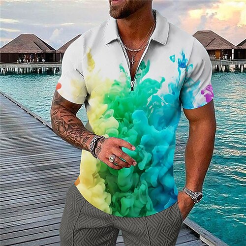 

Men's Collar Polo Shirt Golf Shirt Gradient Turndown Blue Pink Rainbow Red 3D Print Casual Daily Short Sleeve Zipper Print Clothing Apparel Fashion Designer Casual Breathable / Sports