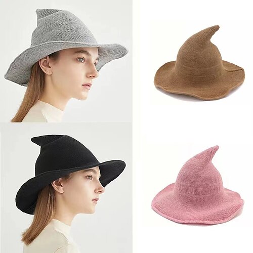 

New Elegant Halloween Witch Hat Men And Women Knitting Autumn Winter Bucket Hats Soild Knit caps Foldable Solid Pointed Cap Gifts