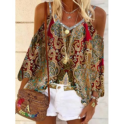 

Women's Camisole Red Graphic Patchwork Print Half Sleeve Casual Beach Beach V Neck Regular Loose Fit Bohemian Theme S / 3D Print