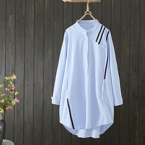 

Women's Plus Size Tops Blouse Shirt Striped Asymmetric Button Long Sleeve Standing Collar Streetwear Daily Weekend Cotton Fall Spring White Blue