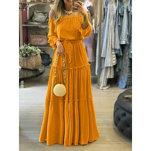 

Women's Long Dress Maxi Dress Yellow Long Sleeve Pure Color Ruched Winter Fall Autumn Off Shoulder Winter Dress Weekend Fall Dress 2022 S M L XL