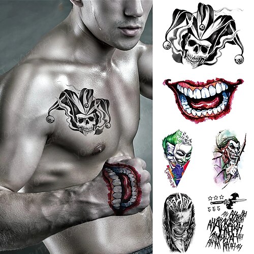 

5PCS Waterproof Temporary Tattoo Sticker Skull Joker Clown Halloween cosplay Flash Tattoos Body Art Arm Fake Tatoo Men Women