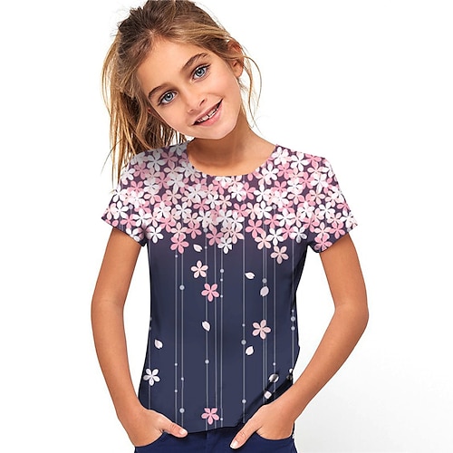 

Kids Girls' T shirt Floral Outdoor 3D Print Short Sleeve Crewneck Active 3-12 Years Spring Blue Purple Wine