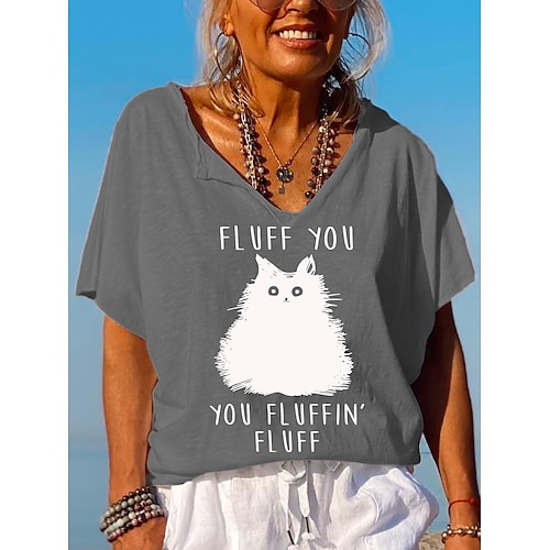 

Women's T shirt Tee Green Blue Khaki Graphic Patchwork Half Sleeve Casual Daily Basic V Neck Regular Loose Fit Cat S