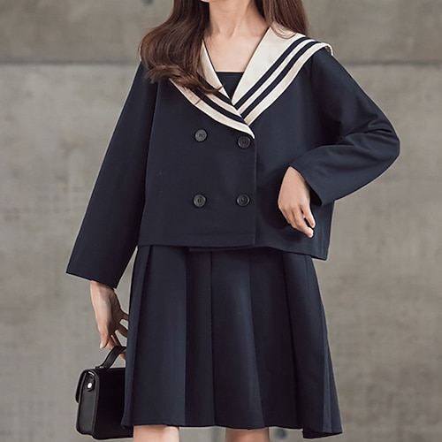 

Kids Girls' DressSet Clothing Set 2 Pieces Long Sleeve Navy Blue Stripe Patchwork Street Outdoor Cute Sweet Regular Above Knee 3-13 Years