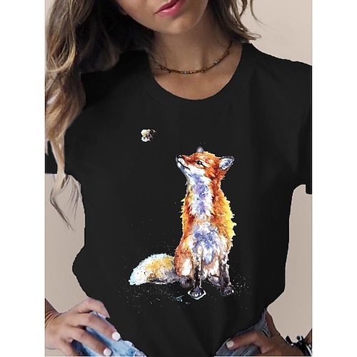 

Women's T shirt Tee Yellow Khaki Orange Animal Print Short Sleeve Casual Weekend Basic Round Neck Regular Painting S