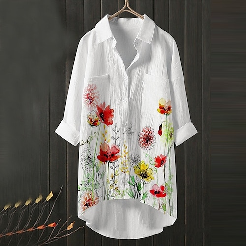 

Women's Plus Size Tops Blouse Shirt Floral Animal Pocket Button 3/4 Length Sleeve Shirt Collar Streetwear Daily Going out Polyester Fall Spring White / Print