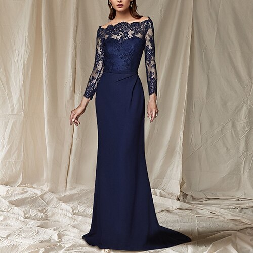 

Mermaid / Trumpet Mother of the Bride Dress Elegant Off Shoulder Sweep / Brush Train Chiffon Lace Long Sleeve with Appliques Side-Draped 2022