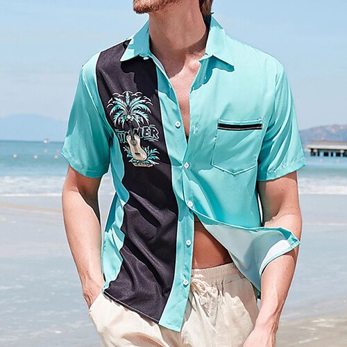 

Men's Shirt Print Musical Instrument Turndown Street Daily Button-Down Print Short Sleeve Tops Casual Fashion Breathable Comfortable Green / Black