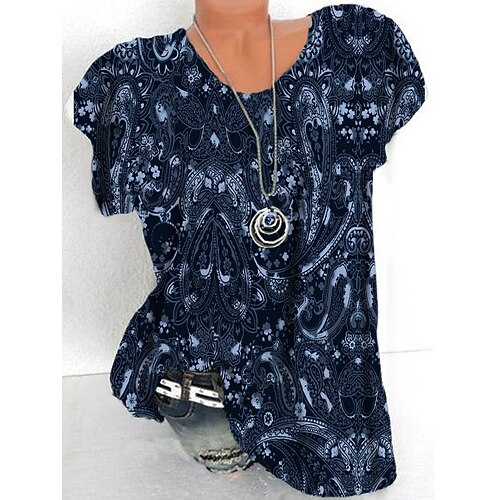 

Women's Plus Size Tops T shirt Tee Floral Print Short Sleeve Crewneck Streetwear Daily Sports Cotton Spandex Jersey Spring Summer Blue
