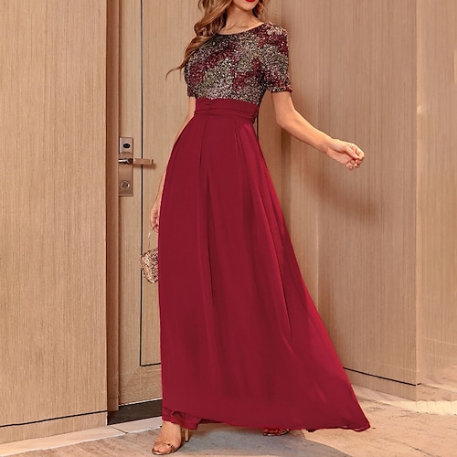 

Women's Party Dress Maxi long Dress Wine Short Sleeve Color Block Sequins Patchwork Spring Summer Crew Neck Party Elegant Slim 2022 S M L XL
