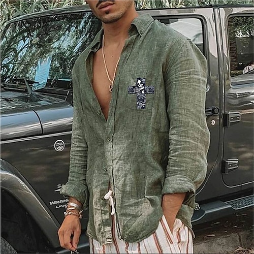 

Men's Shirt Hot Stamping Graphic Patterned Skull Turndown Street Casual Button-Down Print Long Sleeve Tops Designer Casual Fashion Big and Tall Green White / Summer