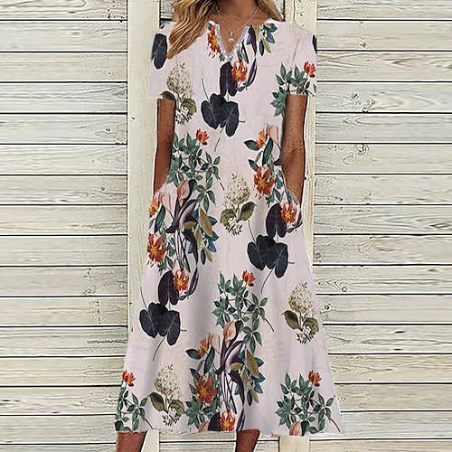 

Women's A Line Dress Midi Dress Green Khaki Beige Short Sleeve Floral Pocket Print Spring Summer V Neck Casual Vacation 2022 S M L XL XXL 3XL