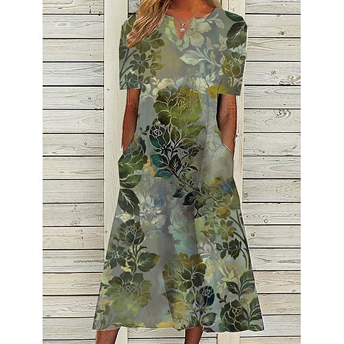 

Women's Casual Dress Midi Dress Green Blue Short Sleeve Floral Pocket Spring Summer V Neck 2022 S M L XL XXL 3XL