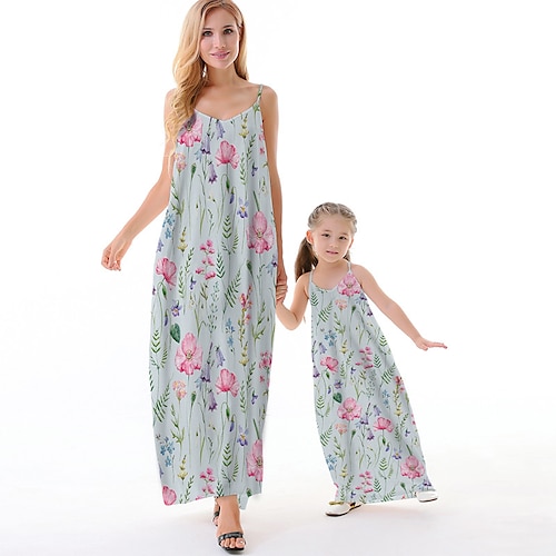 

Mommy and Me Dresses Floral Causal Backless Gray Sleeveless Maxi Strap Dress Active Matching Outfits
