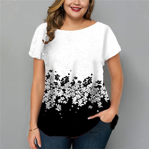 

Women's Plus Size Tops T shirt Tee Floral Print Short Sleeve Crewneck Streetwear Daily Going out Cotton Spandex Jersey Spring Summer White Blue