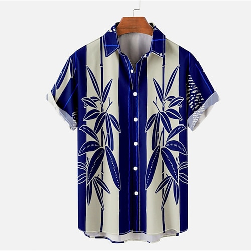 

Homens Camisa Social Camisa Gráfica Folhas Aberto para a Lateral Azul / Branco Impressão 3D Rua Diário Manga Curta 3D Botão para baixo Roupa Moda Designer Casual Respirável / Praia