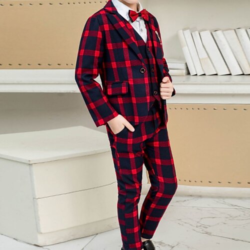 

Kids Boys Suit Blazer Shirt Pants Tank Pants 6 Pieces Long Sleeve Green Gray Red Plaid Patchwork School Vacation Formal Preppy Style Regular 3-10 Years