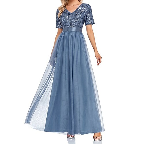 

A-Line Evening Dresses Elegant Dress Prom Floor Length Short Sleeve V Neck Tulle with Sequin Splicing 2022 / Formal Evening / Sparkle & Shine
