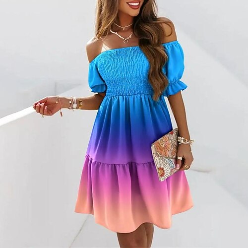 

Women's A Line Dress Short Mini Dress White Black Blue Yellow Khaki Dark Blue Short Sleeve Floral Tie Dye Backless Ruched Cold Shoulder Spring Summer Off Shoulder Stylish Casual 2022 S M L XL XXL