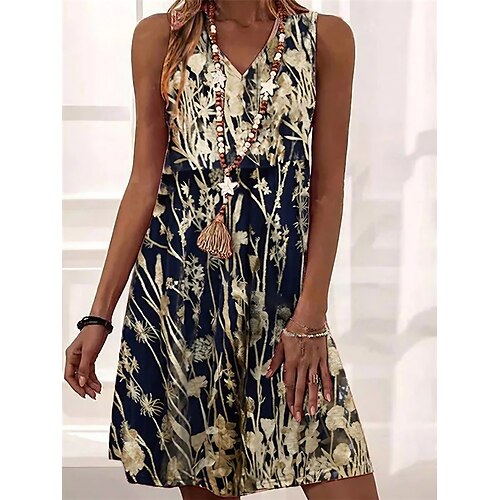 

Women's Casual Dress Shift Dress Mini Dress Beige Sleeveless Floral Print Spring Summer V Neck Vacation 2023 S M L XL XXL 3XL