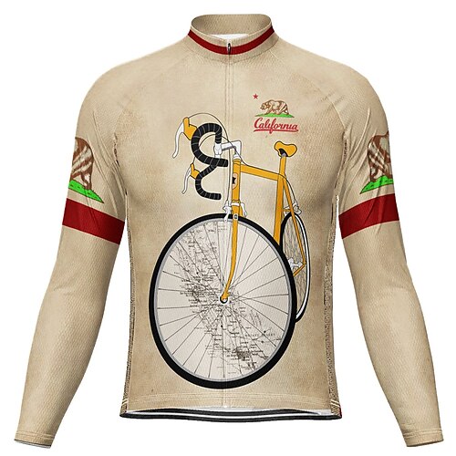 

21Grams Men's Cycling Jersey Long Sleeve Bike Jersey Top with 3 Rear Pockets Mountain Bike MTB Road Bike Cycling Breathable Quick Dry Moisture Wicking Reflective Strips Khaki Graphic California