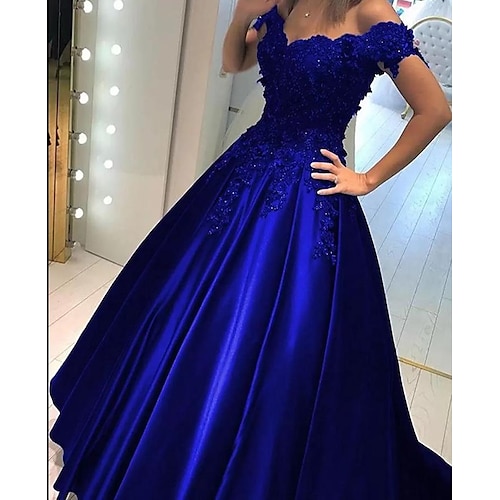 

A-Line Evening Dresses Sparkle & Shine Dress Engagement Sweep / Brush Train Short Sleeve Off Shoulder Satin with Beading Appliques 2022 / Prom