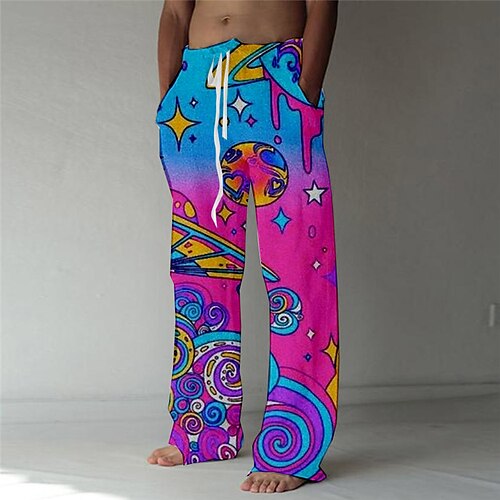 

Men's Trousers Beach Pants Drawstring Elastic Waist 3D Print Cartoon Color Block Graphic Prints Comfort Soft Casual Daily Fashion Designer Pink Orange