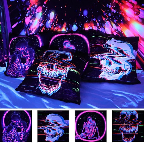 

blacklight skull pudebetræk dekorativt uv reaktivt sort lys psykedelisk pudebetræk til soveværelse sofa indretning fest 4545(18x18 tommer)