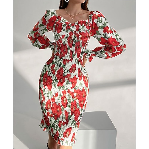 

Women's Bodycon Knee Length Dress Red Long Sleeve Floral Smocked Ruffle Spring Summer Square Neck Vacation Lantern Sleeve 2022 S M L XL