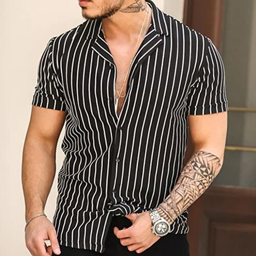 

Men's Shirt Striped Turndown Street Casual Button-Down Short Sleeve Tops Casual Fashion Breathable Black / Summer