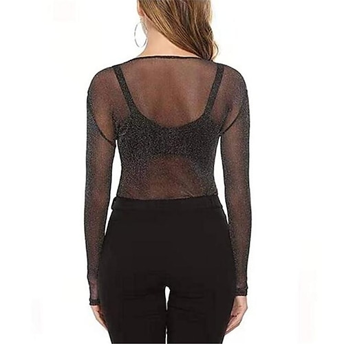 

Women's High Elastic Silver Mesh Hollow Long Sleeve Top Sexy Mesh Perspective Blouse T-Shirt