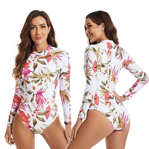 

Women's Rash Guard One Piece Swimsuit UV Sun Protection UPF50 Quick Dry Long Sleeve Swimwear Bathing Suit Back Zip Swimming Diving Surfing Beach Floral Printed Autumn / Fall Spring Summer
