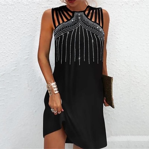 

Women's A Line Dress Short Mini Dress Black Sleeveless Pure Color Patchwork Spring Summer Round Neck Elegant Fashion 2022 S M L XL