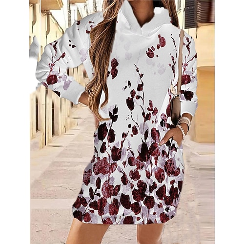 

Women's Hoodie Dress Short Mini Dress Green Blue Purple Yellow Fuchsia Long Sleeve Floral Pocket Print Fall Spring Hooded Casual Fashion 2022 XS S M L XL XXL 3XL 4XL