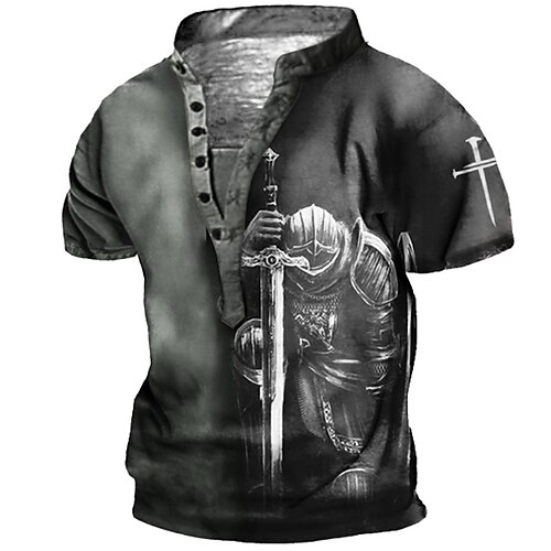 

Men's T shirt Tee Henley Shirt Tee Graphic Color Block Soldier Stand Collar Dark Gray Brown 3D Print Plus Size Outdoor Daily Short Sleeve Button-Down Print Clothing Apparel Basic Designer Casual Big