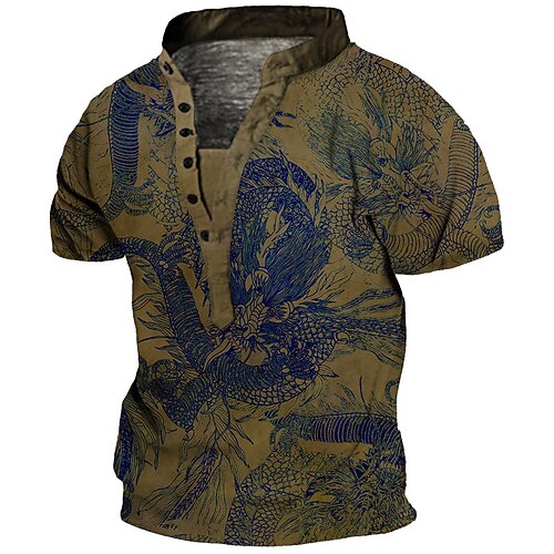 

Men's Henley Shirt Tee T shirt Tee 3D Print Dragon Graphic Patterned Plus Size Stand Collar Daily Sports Button-Down Print Short Sleeve Tops Designer Basic Casual Big and Tall Brown / Summer