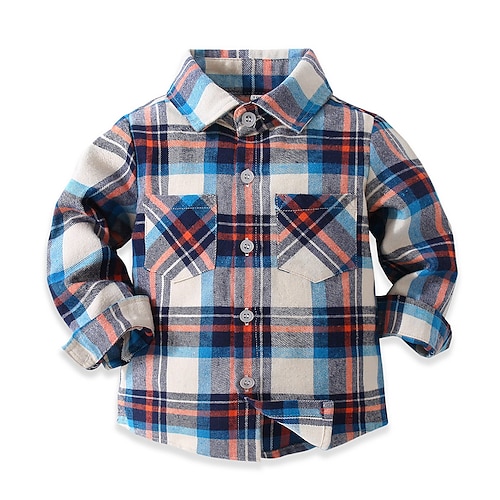 

Toddler Boys Shirt Long Sleeve Plaid Blue Children Tops Fall Spring Daily Daily 1-5 Years
