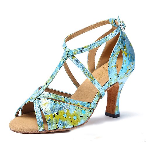 

Women's Latin Shoes Dance Shoes Practice Vintage Pattern / Print Cuban Heel T-Strap Gold Blue