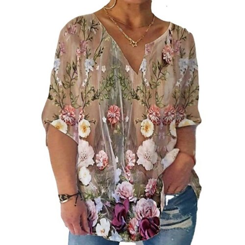 

Women's Plus Size Tops Blouse Shirt Floral Ruffle Print Half Sleeve Crewneck Streetwear Daily Going out Polyester Spring Summer White Blue