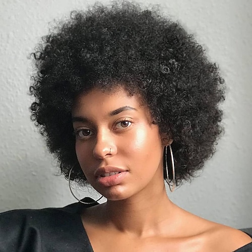 

Human Hair Wig Short Afro Curly With Bangs Natural Classic Best Quality Medium Size Machine Made Capless Brazilian Hair Unisex Natural Black #1B 6 inch 8 inch Party / Evening Daily Wear New Year