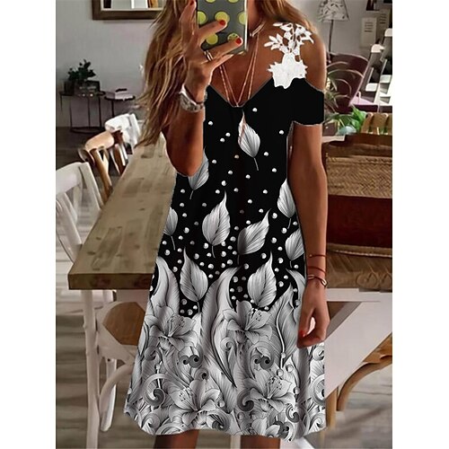 

Women's A Line Dress Knee Length Dress Black Blue Short Sleeve Floral Lace Cold Shoulder Print Spring Summer V Neck Casual Vacation 2022 S M L XL XXL 3XL