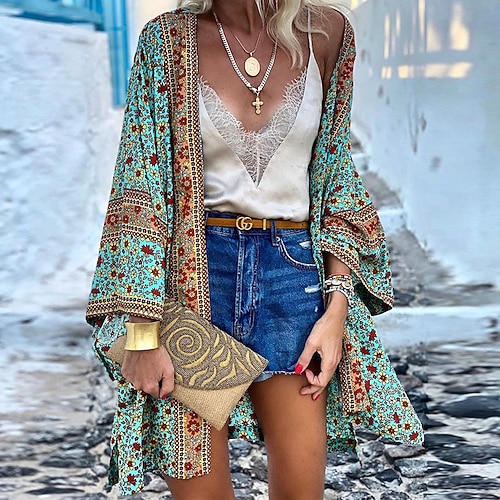 

Women's Shrugs Floral Daily Weekend Floral Shrugs Shirt Long Sleeve Print V Neck Casual Streetwear Green Purple Pink S / 3D Print