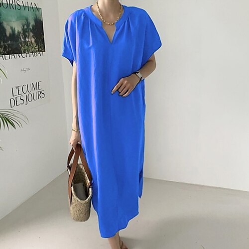 

Women's Casual Dress Linen Dress Shift Dress Midi Dress Blue Short Sleeve Pure Color Pocket Spring Summer V Neck Weekend Loose Fit 2022 S M L XL