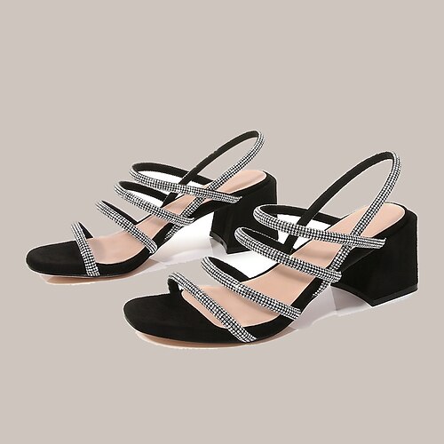 

Women's Sandals Sparkly Sandals Rhinestone Cuban Heel Open Toe Elegant Casual Daily Office Glitter Ankle Strap Spring Summer Solid Colored Black