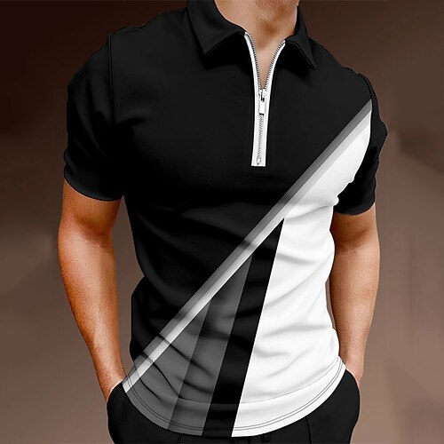 

Men's Collar Polo Shirt Golf Shirt Quarter Zip Polo Color Block Turndown Black / White Print Street Daily Short Sleeve Zipper Print Clothing Apparel Fashion Casual Breathable Comfortable / Beach